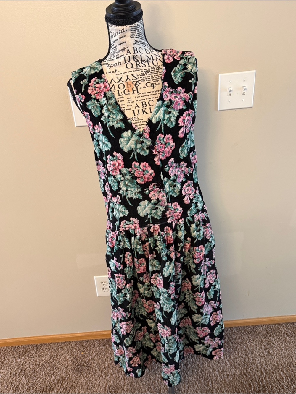 Vintage Beachamel Sleeveless Black Floral V-Neck Midi Dress 100% cotton SZ 10